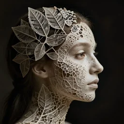 a woman's face in profile, made of intricate decorative lace leaf skeleton, in the style of the dutch masters and gregory crewdson, dark and moody, depth of field