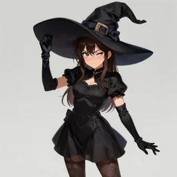 smug young witch with freckles, winking, brunette, checked stockings, short black dress, holding her huge hat with one hand, silk elbow - long gloves, full bodyshot, anime, fantasy, portrait, highly detailed, headshot, digital painting, trending on artstation, concept art by miaormoa