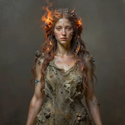 oil portrait | character | full medium shot | front close - up | dressed in long rags with minerals, fire in your hair, ethereal, accurate goddess, micro details, tiny mineral embellishments on the face, particles, octane render, aertstation, fine art, intrincate. by peter mohrbacher, marc simonetti, anna podedwor