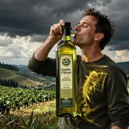 Jamie Oliver drinking a large bottle of olive oil