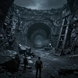 an ultra realistic, cinematic, fantasy landscape, with a deserted coal mine, detailed, deep focus, movie still, dramatic lighting, ray tracing, by wlop and ross tran