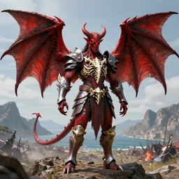 am a man devil in armor made of iron and dragon bones, with hellish big beautiful red devil wings, height detailed body elements, against the background of mountains, ocean, battlefield