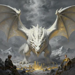 white dragon, massive wings, wide angle, greg rutkowski, drark, marvel comics, dark, plutus su, chris scalf, lucas graciano, billy christian, symmetrical head, snowy mountains, small city, grey and gold color palette, painting, d & d, fantasy, detailed, realistic, complimentary colors, light, artstation, cinematic, dramatic lighting, close up, storm clouds