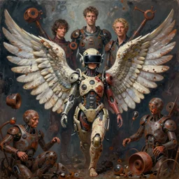 angel wings, in center of composition, wings, cybertronic gadgets and vr helmet, flesh + technology, durty colours, rotten textures, rusty shapes, biotechnology, norman rockwell, tim hildebrandt, dariusz zawadzki, bruce pennington, larry elmore, hyperrealistic oil painting on canvas, deep depth field, masterpiece, cinematic composition, hyper - detailed, hd