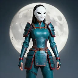 female adventurer in tight full - body teal leather armor of japanese design with red accents and a white porcelain crow mask, trending in artstation, japanese, artstation, big moon in the background, establishing shot