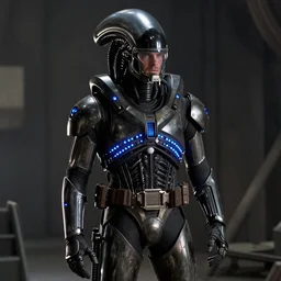 movie still, 1 9 8 0 s, harrison ford as armored alien hunter, hyperdetailed, blue leds