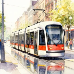 a beautiful insanely intricate watercolor illustration of modern tram in the street, reflexions, colorfull, by william turner art, by greg rutkowski, by james jean, by rossdraws, by frank franzzeta, by sakimichan, by edmund dulac, by wlop, trending on artstation, insanely detailed, masterpiece,