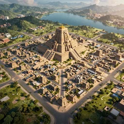 A game concept art of city map with huge aztec temple in center and wide roads, placed near lake. Octane renderer, artstation, extremely high details