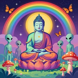 psychedelic buddha, enchanted alien world, mushrooms on the ground, aliens, galaxy in the sky, butterflies, occult, illuminati, third eye, rainbows, bright colors, psychedelic, vector art, honeycomb, dripping, fire, high contrast, fantasy poster by helen huang and frank frazetta and salvador dali and norman rockwell, anime style, 4 k