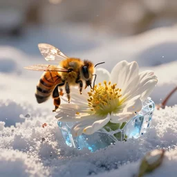 an anime bee finding a beautiful flower, entrapped in ice, only snow in the background, beautiful macro photography, warm ambient light