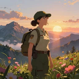 a female ranger going to adventure, ornate, beautiful, atmosphere, vibe, muntains, sky, sunrise, flowers, concept art illustration, color page, tone mapping, akihiko yoshida, james jean, andrei riabovitchev, marc simonetti, yoshitaka amano, digital illustration, greg rutowski, volumetric lighting, sunbeams, particles