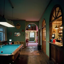 a weird modern place, house, playground, office, pool, bar, pub, interior, room, hall way with eerie feeling, disposable colored film camera, camera flash, unusual place, unsettling, kids place, night scene