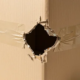 broken and damaged cardboard box pulled apart, ripped, wrapped in fragile tape