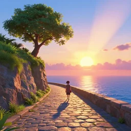 a lonely cobblestone street with a tree on a cliff over the sea at sunset, brightly illuminated by rays of sun, artstation, colorful makoto shinaki illustration, by peter chan, day of the tentacle style, octane render, pixar, 3d render, 8k