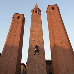 Diablo climbing Bologna towers, digital art, realistic, trending on artstation