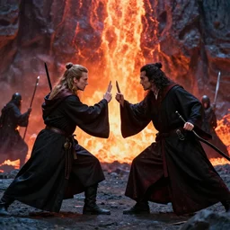movie still of an epic battle between two wizards, lava in the background, cinematic, establishing shot