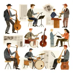 A collage of a jazz band, mid-century modern, made of random shapes cut from magazines and newspapers