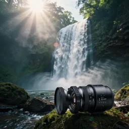 a forest with waterfalls, atmospheric lighting, anamorphic lens flare, hazy with smoke, cinematic composition, cinema products cine - pro 2 4 - 4 8 0 mm, cooke varotal 2 0 - 1 0 0 mm