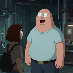 Beautiful peter griffin in cyberpunk industrial powerplant looking at homeless Sasha grey featured on artstation, cinematic chiaroscuro, artwork by Wong, Liam