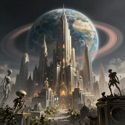 an extremely detailed low angle masterpiece epic color scene of a futuristic city massive sky scrappers extraterrestrial citizens on an earth like planet with a ringed planet background, in the style of frank kelly freas, giorgio vasari, andrea pozzo, elegant, highly detailed, digital painting, artstation, cinematic lighting, extremely moody lighting, glowing light and shadow, 4 k