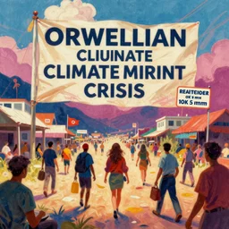 orwellian climate migrant crisis, ultra realistic, digital painting, vibrant colors, hyper realistic, maximalist art style, artstation, featured on z brush, 8 k, 3 5 mm film grain