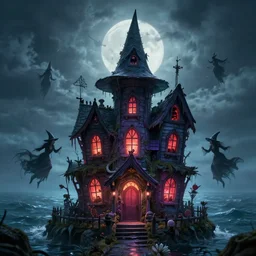realistic scary witches in front of a candy witch house, floating on the ocean, epic scene, fantasy, cinematic, hyper - detailed, in the style of greg rutkowski
