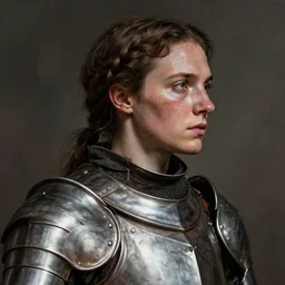 close - up portrait of joan of arc in armor, with a dirty and sweaty face, in profile, dynamic pose, realistic shaded, hyper detailed, trending on artstation, by wlop, by greg rutkowski, by christophe young, by raymond swanland