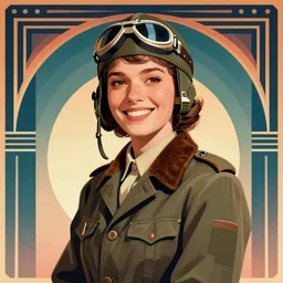 smiling, happy, beautiful, intelligent, powerful, female ww 2 pilot, 2 9 years old, loving eyes, fully clothed, wise, beautiful, dramatic lighting, sharp focus, by stanley artgerm, dramatic lighting, trending on artstation, flat colour, geometric curves, gradient filter, art deco patterns