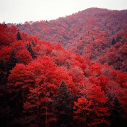 forest and mountain, bright red colors, shot on kodak aerochrome film,