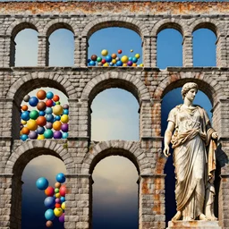 aqueduct and arches, 3 6 0 panorama, escher style pattern of colorful balls, sculpture in the ancient greek style with the texture of old rust