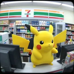 security cam footage of pikachu robbing a 711 cashier, convenience store interior background, photorealism