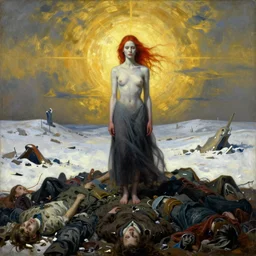a surrealist painting of a lonely woman with pale skin and red hair, standing over pile of bodies in post apocalyptic snowy landscape, golden ratio, painted by zdzisław beksinski