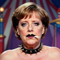 portrait of glamor greek goddess | angela merkel | wearing spike collar | ( ( mustache toothbrush ) ) hair | circus background | highly detailed | very intricate | professional model | cinematic lighting | painted by donato giancola and mandy jurgens and charlie bowater | bold colors, artdeco, art deco synthwave anime aesthestic, 8 0 s nostalgia | artstation