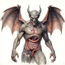 watercolor horribly chewed granite demon with flayed bat wings chewed beyond life, macerated in clustered gastric surgery by richard corben, bernie wrightson, ian miller, & albrecht durer, fine art masterpiece baked at 3 0 0 f, matte painting, dystopian lighting, photorealistic render, cinematic,