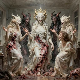 bright realistic anorexic cult turning into gods and deamons and smiling franticly, old apartment, rotten flesh, diffuse lighting, fantasy, intricate, elegant, highly detailed, lifelike, photorealistic, digital painting, artstation, illustration, concept art, smooth, sharp focus, art by francis bacon and jenny saville