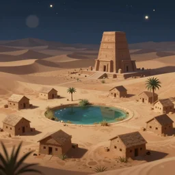 Desert City, Small houses, large temples, a small oasis, a small palm trees; night; Artstation, Pixiv digital painting, long lens, shallow depth of field, bokeh, anamorphic lens flare, 8k, hyper detailed