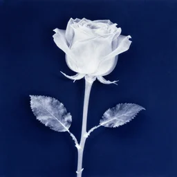 single long stem rose super zoomed out, white x-ray silhouette out on dark sapphire blue background, grainy vintage