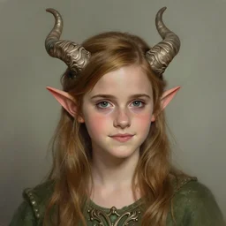cute Whimsical Tiefling Druid with cute horns , emma watson, light-brown skin,  D&D, fantasy, portrait, highly detailed, digital painting, artstation, concept art, sharp focus, illustration, art by greg rutkowski and alphonse mucha