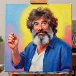 An Artificial Intelligence Bob Ross, Painting on a canvas, colorful, digital art