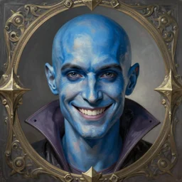 head-on symmetrical centered painted portrait, a smiling bald androgynous man with completely blue skin in his thirties as a D&D wizard with the nose of Voldemort, fantasy, intricate, elegant, highly detailed, digital painting, smooth, sharp focus, illustration, artstation, in the style of Yoann Lossel and Conrad Roset