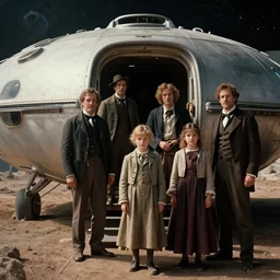 70mm still from a sci fi blockbuster movie made in 3222, set in 1860, of a family leaving a spaceship, that has just landed on an alien planet, wearing 1850s era clothes, cinematic lighting, 8k, in focus faces, oscar winner, high quality photography
