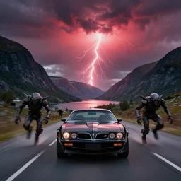 black pontiac firebird trans - am driving towards the camera, zerglings running towards the car, norway mountains, valley, lake, dynamic, cinematic, motionblur, volumetric lighting, wide shot, low angle, red glow in sky, large lightning storm