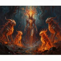 bifrostian fiery alchemical creatures, surreal dark uncanny painting by ronny khalil