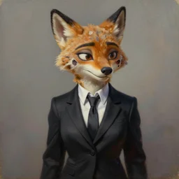 oil painting of anthromorphic female lynx damaged zombie, in style of zootopia, female fursona, furry, furaffinity, 4 k, deviantart, furry art, fursona art, wearing black business suit, business suit, lynx fursona, female, very expressive detailed feminine face,