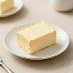 a plate on a dinner table with a big block of butter on it, photo