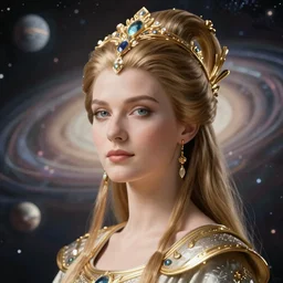 portrait of the powerful empress of the solar system in the style of anna dittmann and in the style of kim jung gi. glowing, ornate and intricate linework, sharp focus, stunning, dynamic lighting, ultrafine and hyperdetailed.