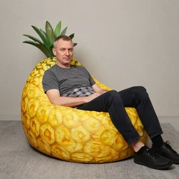 a man seating on a pineapple bean bag by vladimir kush and ilya kuvshinov
