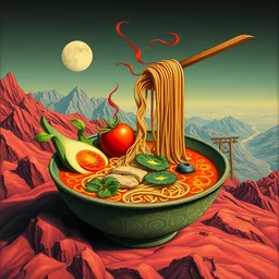 tomato ramen by beeple, artgerm, salvador dali, bruce pennington, frank, stella, makoto shinkai, angus mckie, alex grey, don bluth, ernst haeckel, chris moore, kaja foglio, andre masson, dr. suess, brian despain, chesley bonestell. symbolism, surrealism, artstation,