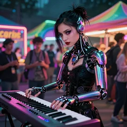 cyberpunk goth beautiful woman with gorgeous eyes cyborg playing a cyberpunk moog synthesizer at cyberpunk farmers market by william barlowe and pascal blanche and tom bagshaw and elsa beskow and enki bilal and franklin booth, neon rainbow vivid colors smooth, very fine high detail 3 5 mm lens photo 8 k resolution