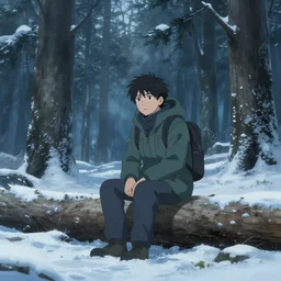 survival in a winter forest, cinematic, cold tone, guy sitting down on log, anime
